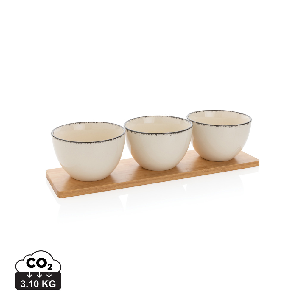 Set of ceramic serving bowls Ukiyo EKAN with bamboo tray, 3 pcs - white