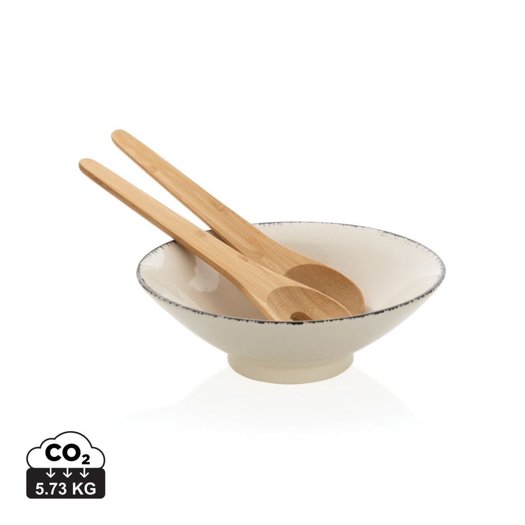 Ceramic salad bowl Ukiyo ISIME with bamboo spoons - white