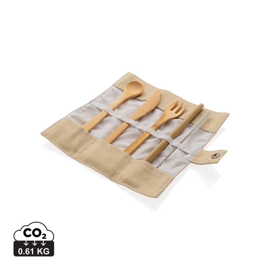 Bamboo ECO cutlery set VALET in cotton case, 5 components - white
