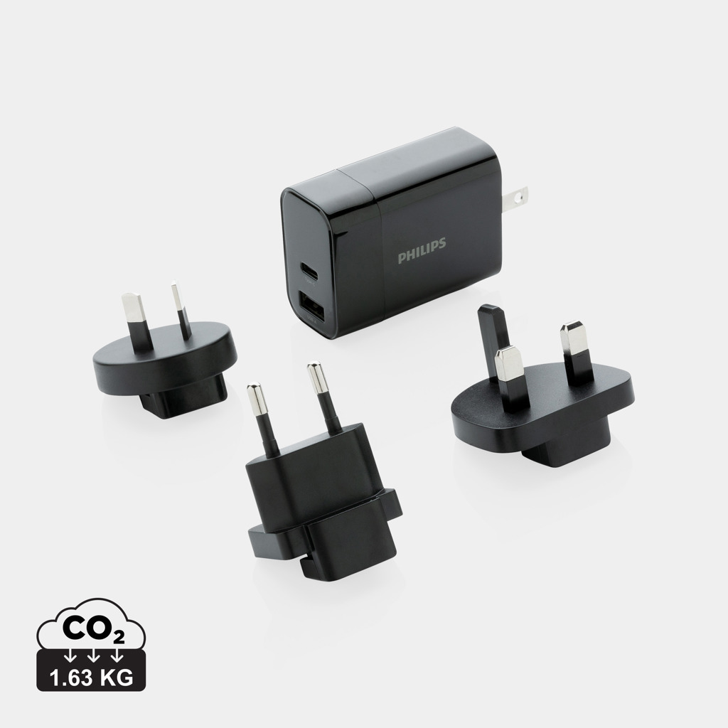 Plastic travel charging adapter Philips GOUVER, 30 W - black