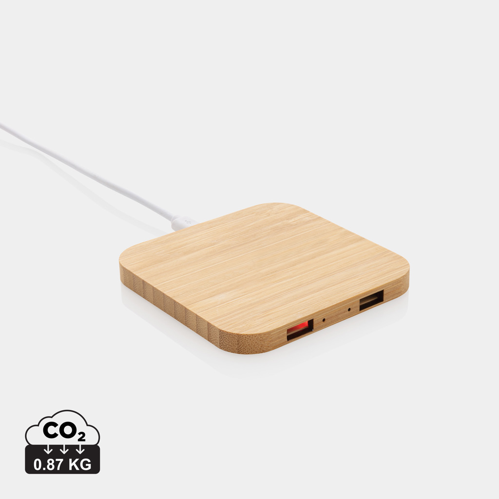 Wireless charger with USB connectors DISPUTE made of FSC bamboo, 10 W - brown