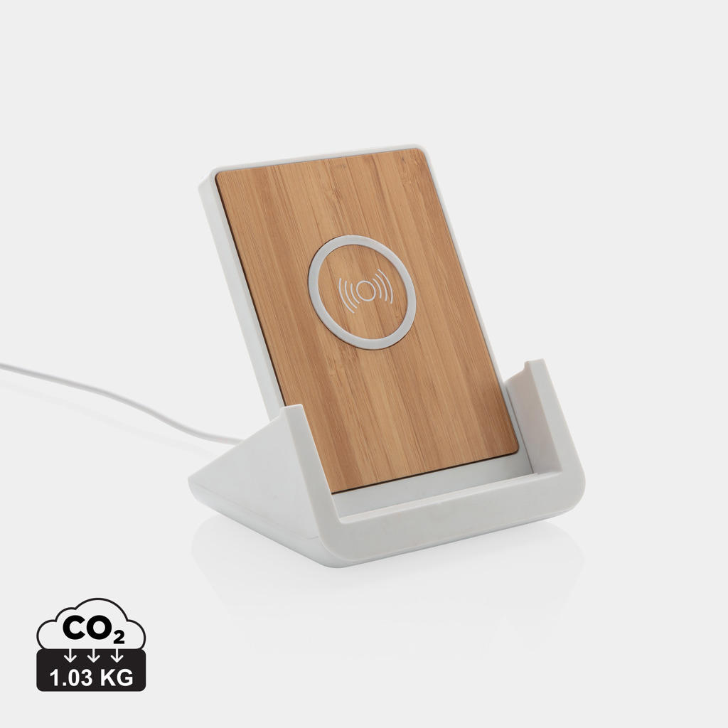 Wireless charger stand Ontario made of FSC bamboo and recycled materials, 10 W - white