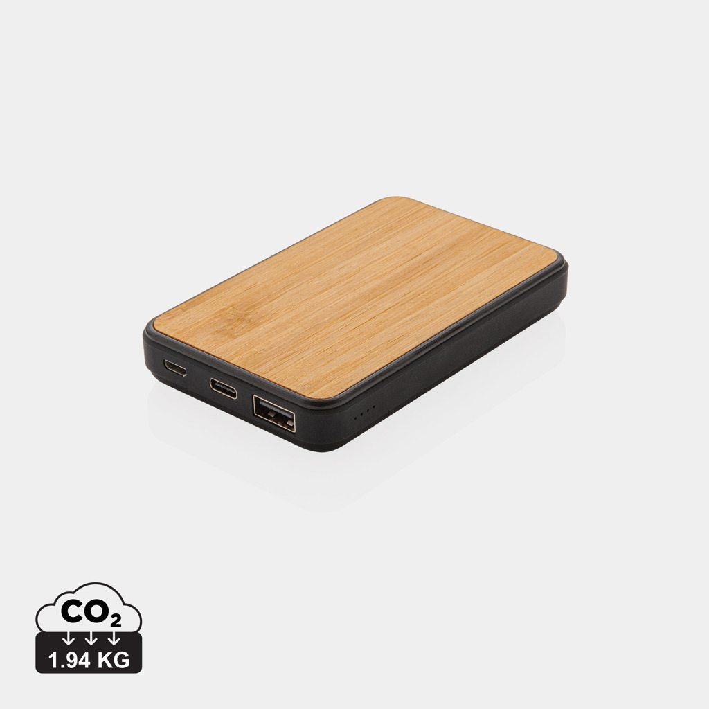Plastic power bank with MONAZITE bamboo surface made of recycled material, 5000 mAh - brown