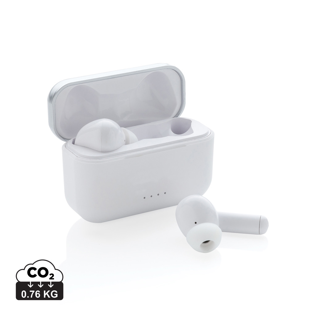 Plastová bezdrátová sluchátka CORS v nabíjecí krabičce - bílá
