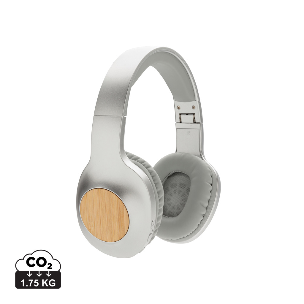 Plastic wireless headset DELLS with bamboo decoration - grey