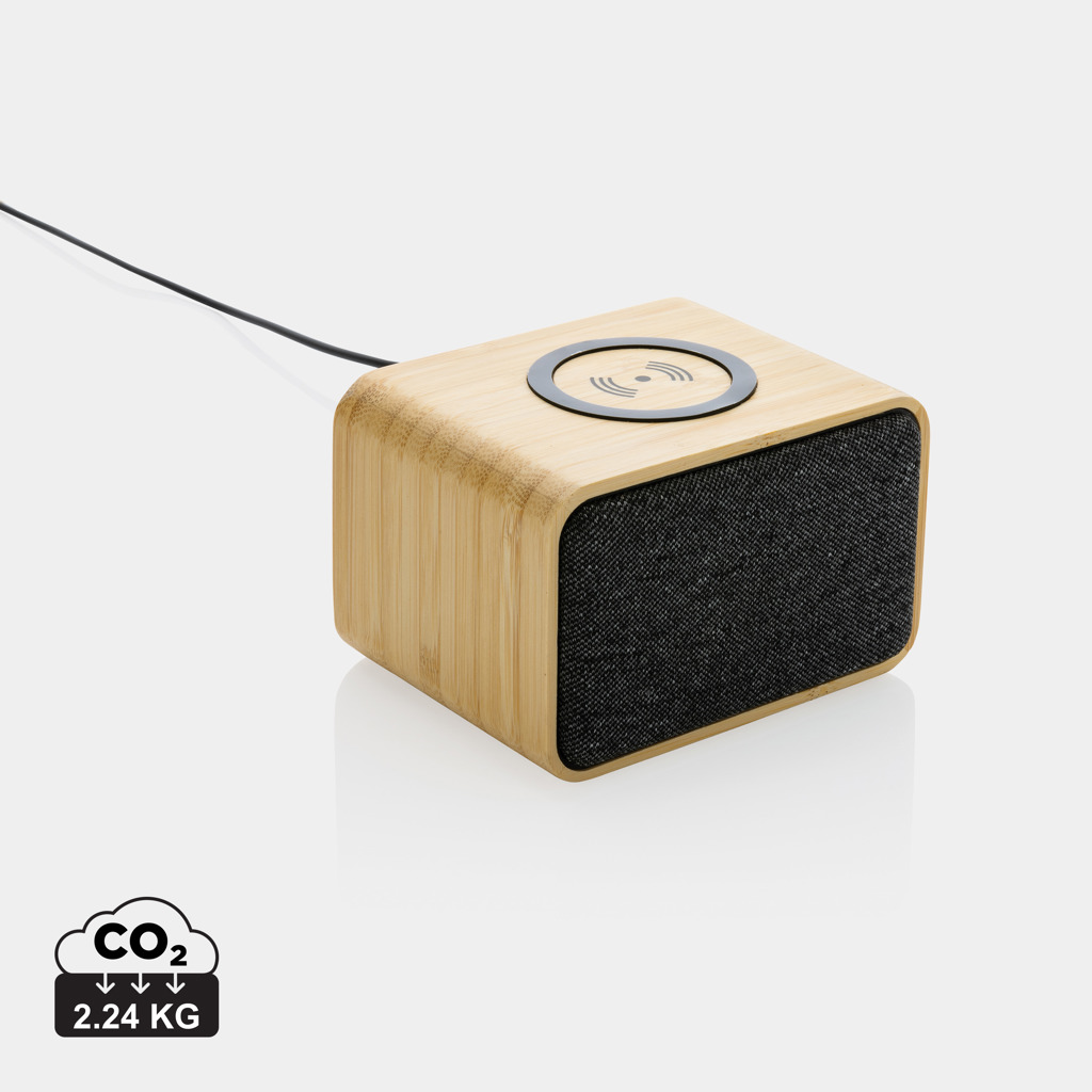 Wooden wireless speaker with wireless charger CHEEK made of FSC bamboo and recycled plastic, 5 W - brown