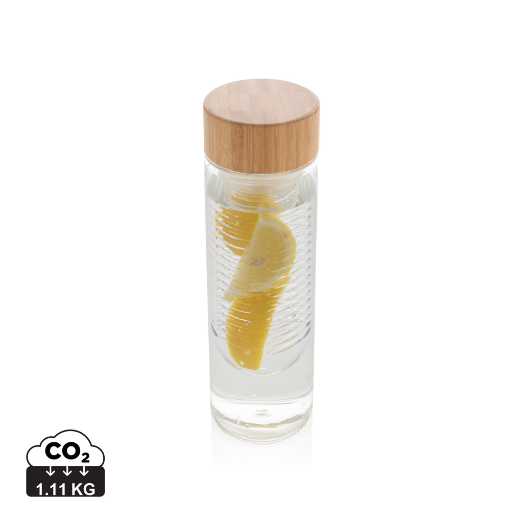 Plastic water bottle DAIMLER with bamboo lid and fruit strainer, 640 ml - transparent