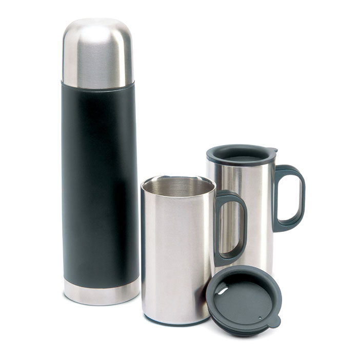 Stainless steel thermos set NEVILLE and two mugs - black