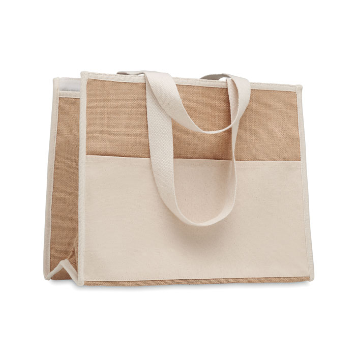 Jute shopping bag SOWN with canvas pocket - beige