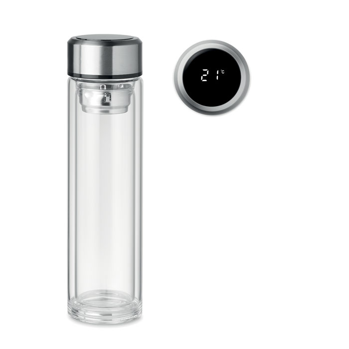 Glass bottle RUNA with touch thermometer in lid, 390 ml - transparent