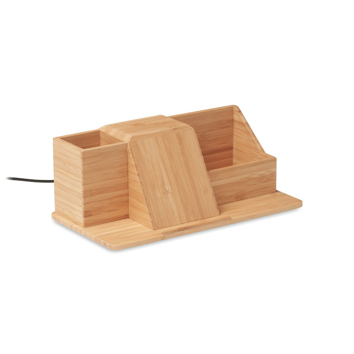 Bambusový stolní organizér BROOD s bezdrátovou nabíječkou, 10 W - dřevěná