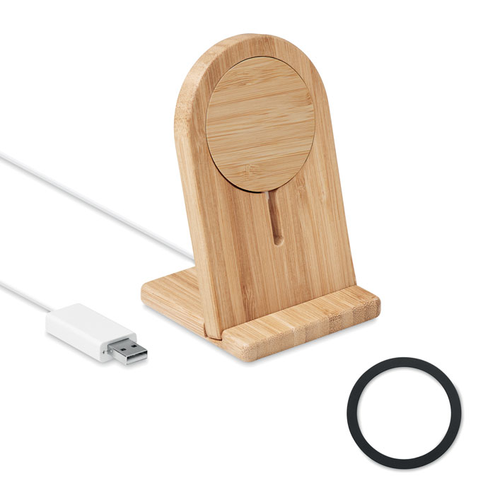 Skládací bambusový stojánek na telefon CIMEX s bezdrátovou nabíječkou - dřevěná
