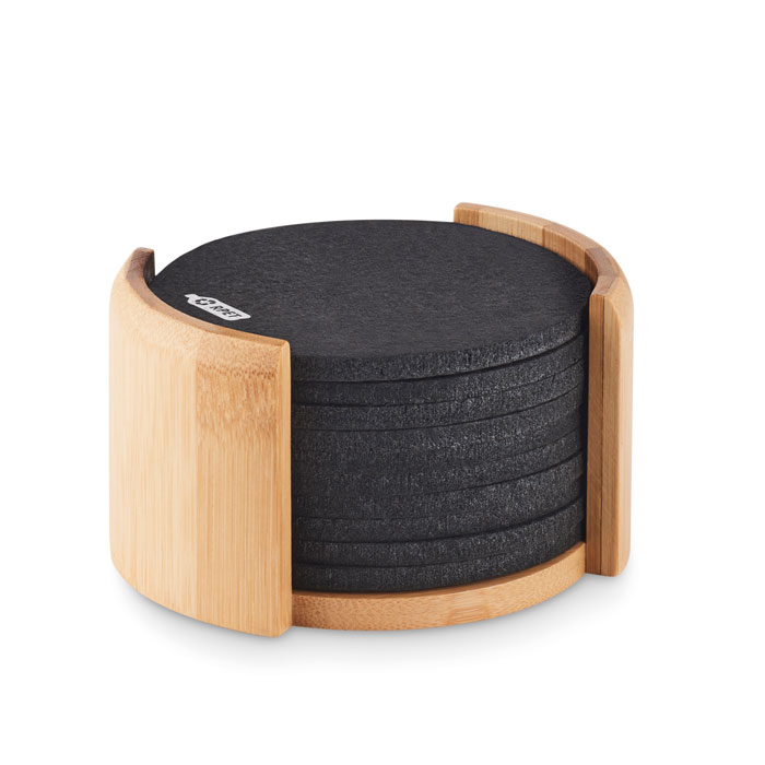Recycled material coaster set ROOS in bamboo holder, 10 pcs - wooden