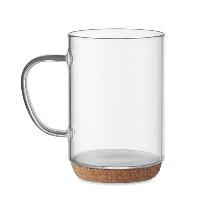 Glass mug with cork bottom CADDIE, 400 ml - transparent