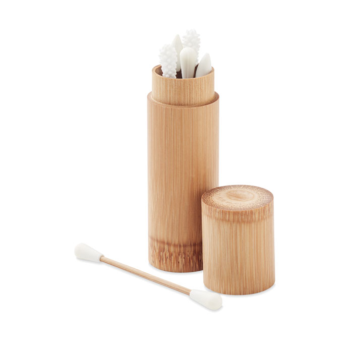 Reusable ear sticks in bamboo case IGOWU, 6 pcs - wooden