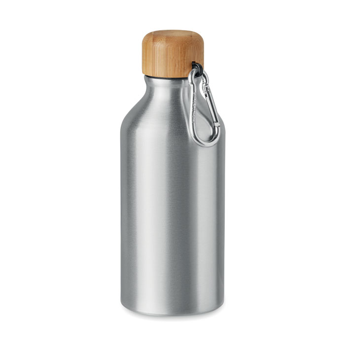 Kovová lahev NYDIA s bambusovým víčkem, 400 ml - matně stříbrná