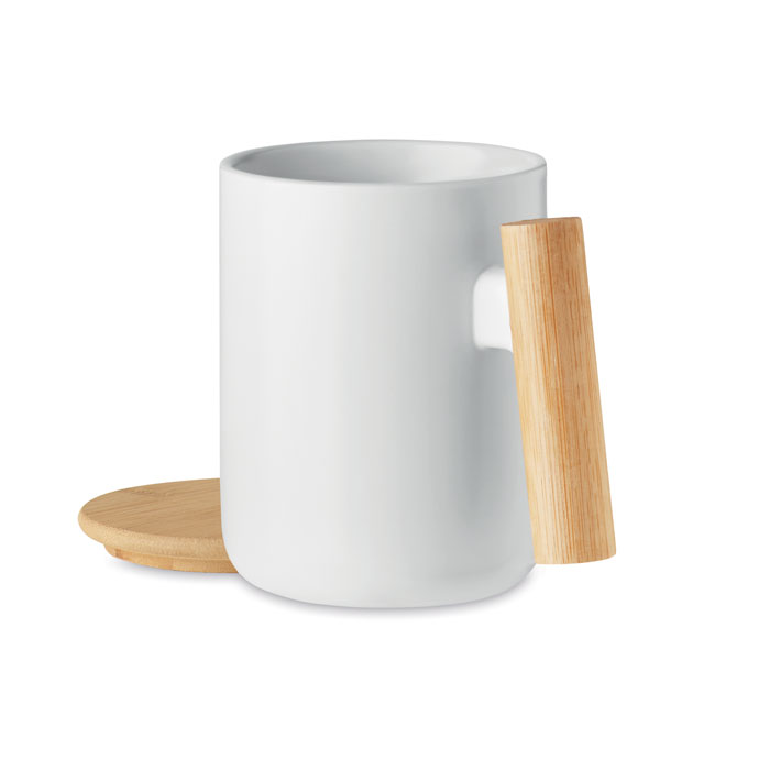Porcelánový hrnek s bambusovým víčkem MAJEST, 380 ml - bílá