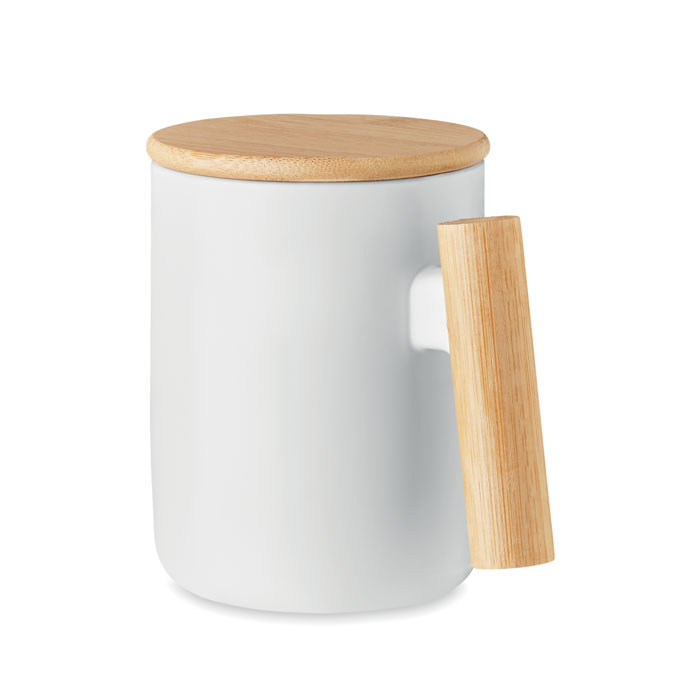 Porcelain mug with bamboo lid MAJEST, 380 ml - white