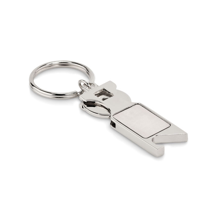 Kovový přívěsek na klíče TOKEU s žetonem a otvírákem - matně stříbrná