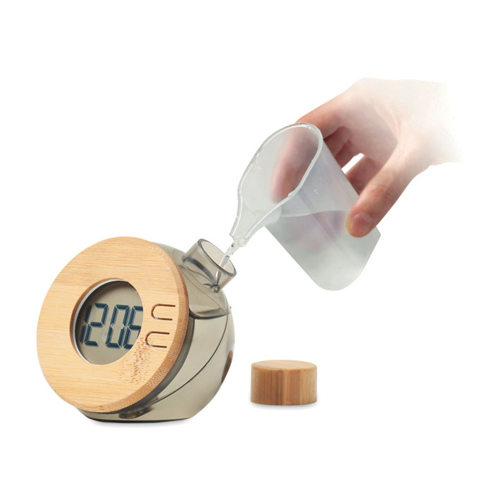 Bambusové LCD hodiny na slanou vodu DROPPY LUX - transparentní šedá
