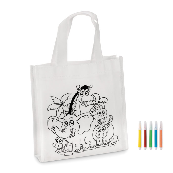 Non-woven mini shopping bag JUNGLE with coloured markers, 5 pcs - white
