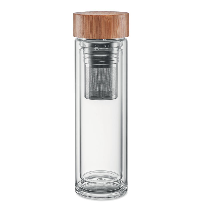 Skleněná láhev BUNK s infuzérem a bambusovým víčkem, 420 ml - transparentní