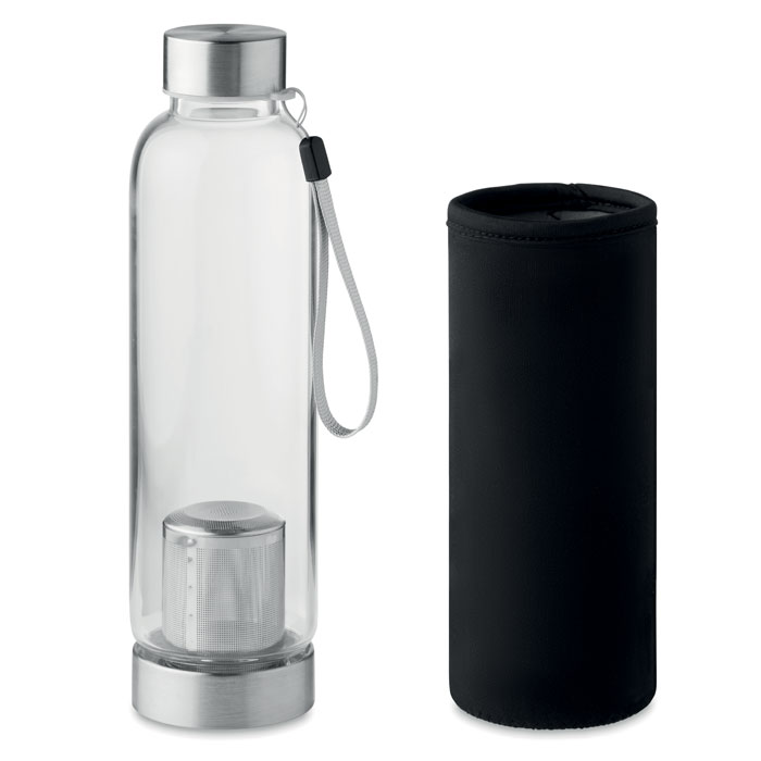 Glass single wall WASH bottle with tea infuser, 500 ml - black