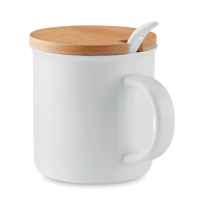 Porcelain mug with NOVEL spoon and bamboo lid, 380 ml - white