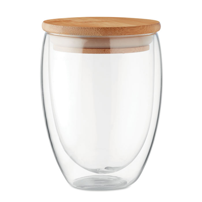 Double-walled glass GOOSE with bamboo lid, 350 ml - transparent