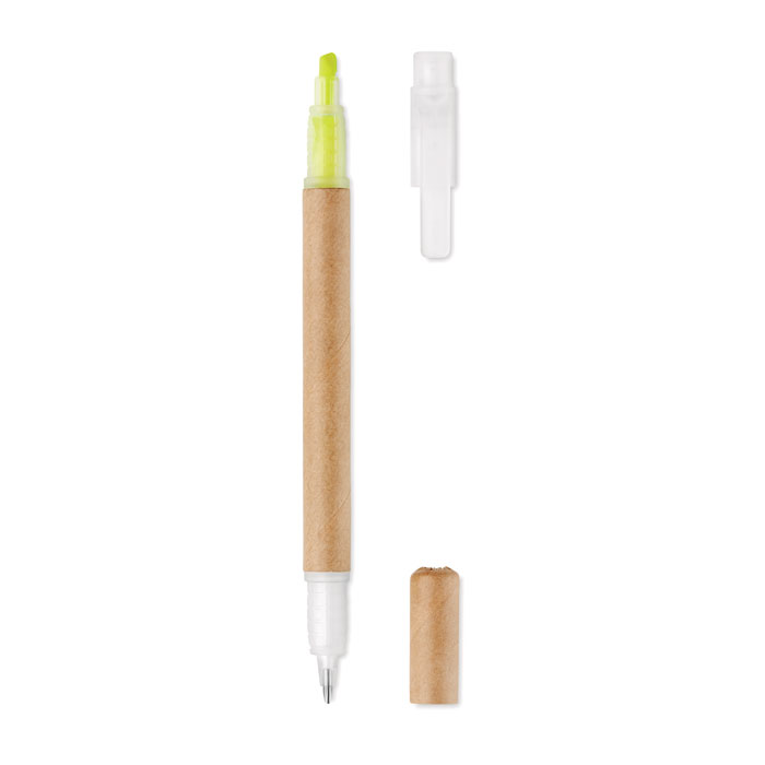 2-in-1 ballpoint pen and highlighter JINGO made of recycled cardboard - yellow
