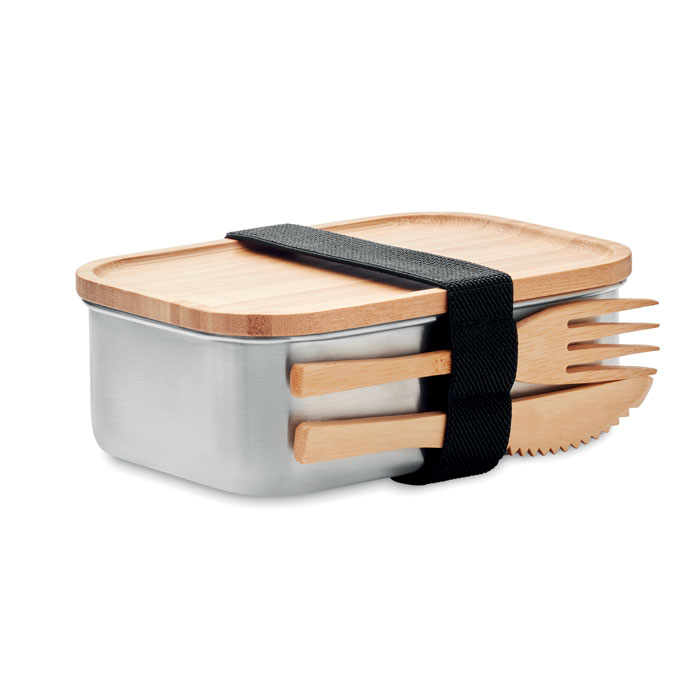 Metal food box MIMED with bamboo lid and cutlery - wooden
