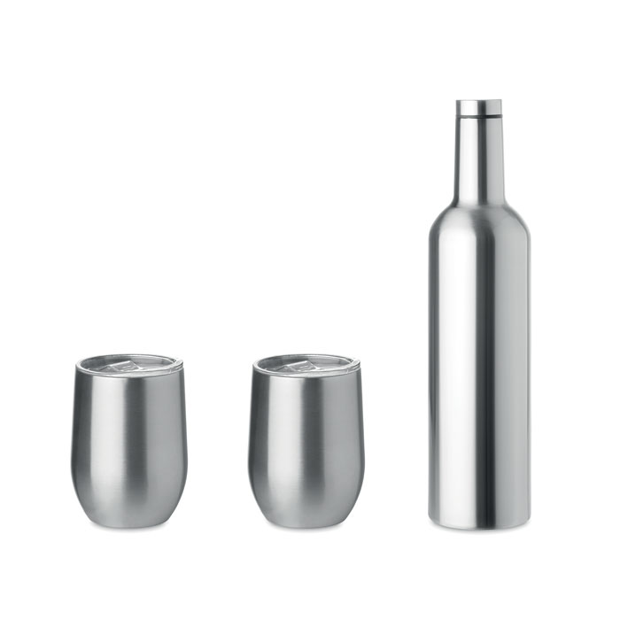 Metal bottle set ACRAL with two metal cups - matt silver