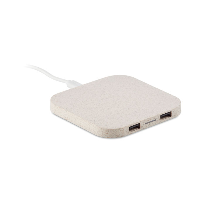 Plastic USB hub and wireless charger ADDIE with wheat straw - beige