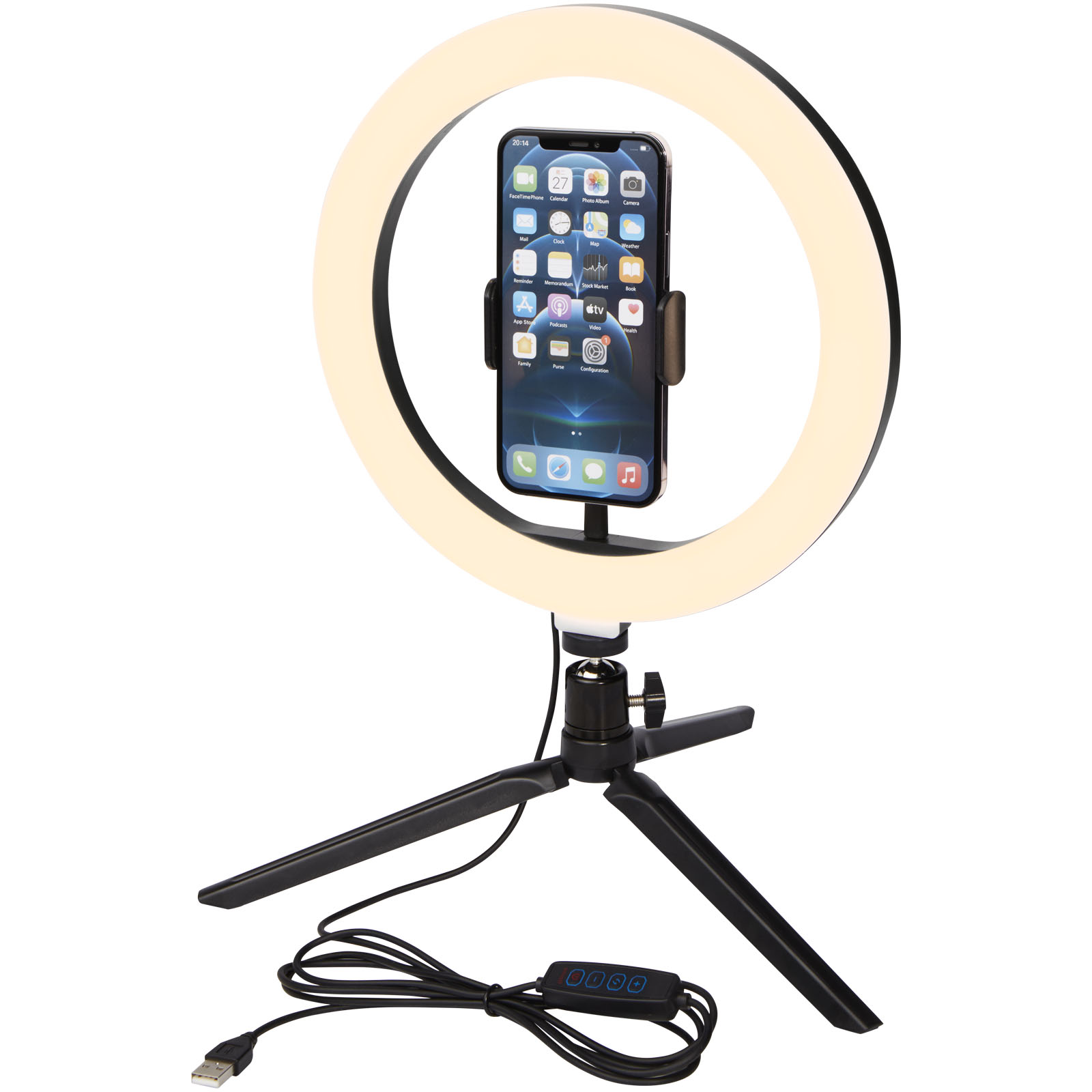 Kruhové LED světlo WINDSOR s držákem telefonu a stativem - solid black