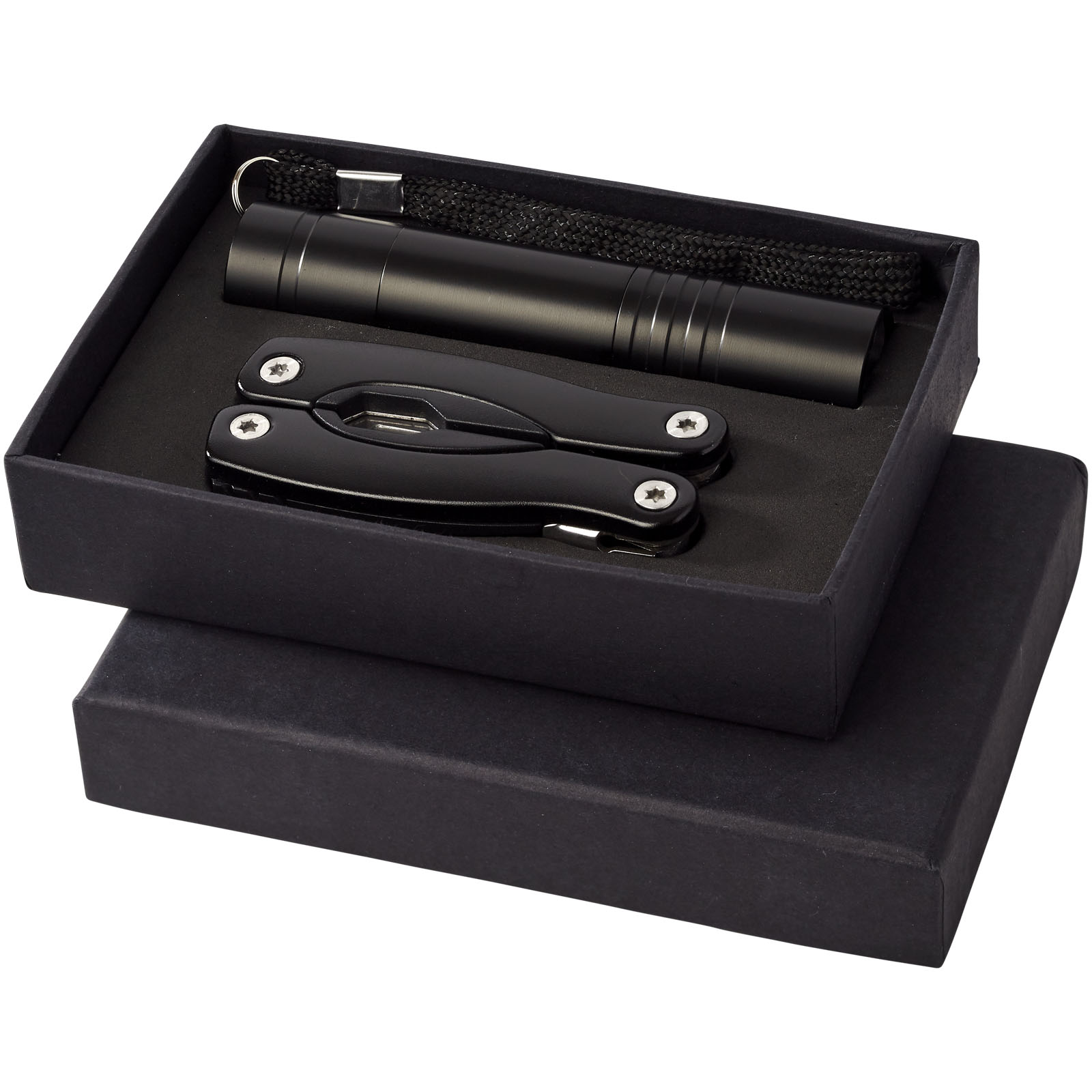 Hliníková svítilna a multifunkční nástroj CARY v dárkové kazetě, 11 funkcí - solid black