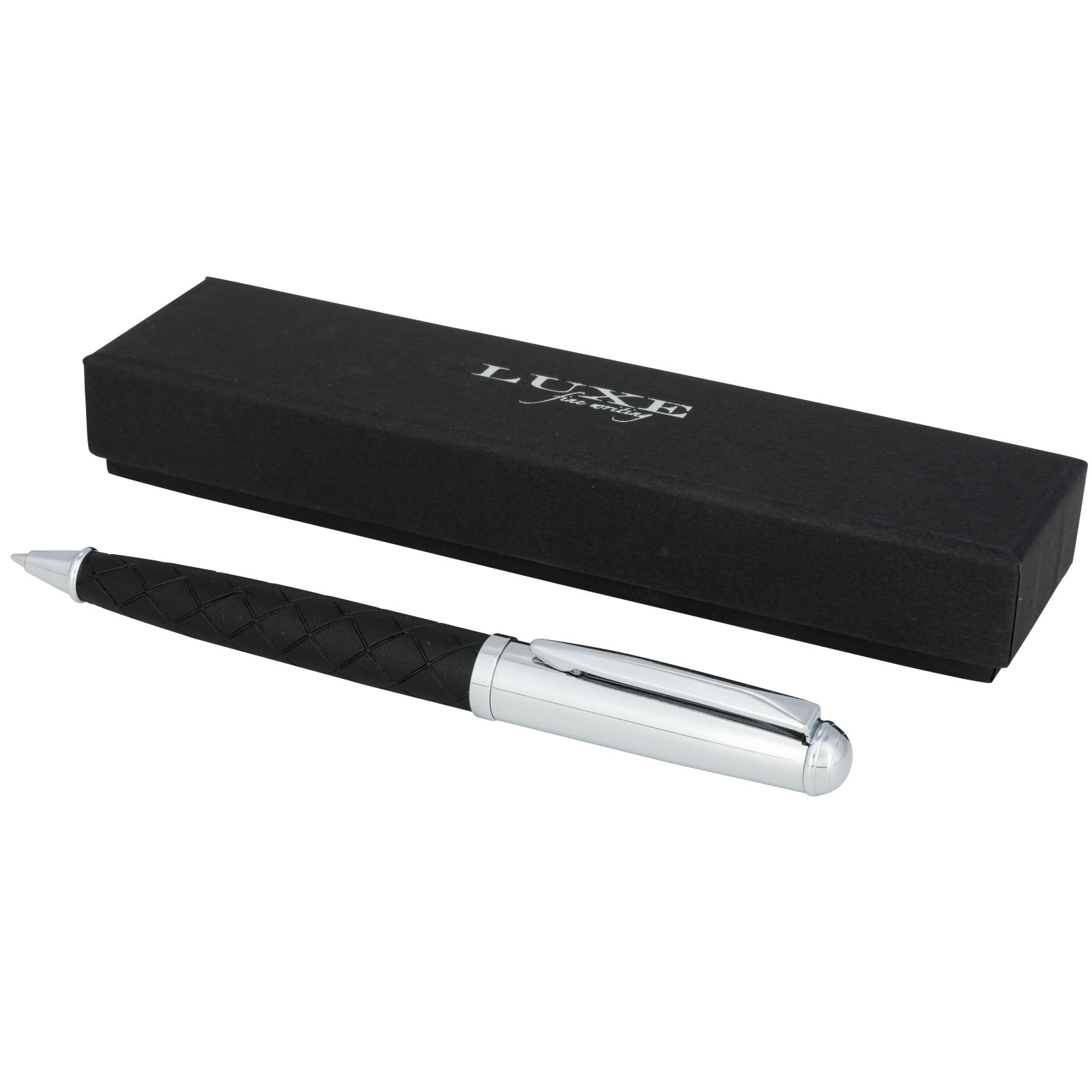 Metal ballpoint pen Luxe TOWER with leatherette grip - solid black / silver