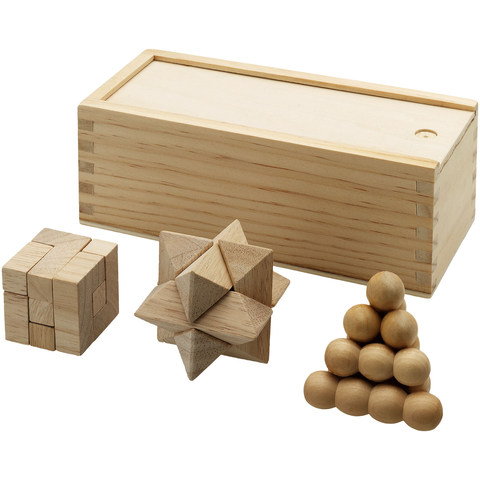 Set of three wooden puzzles DINT in wooden box - natural