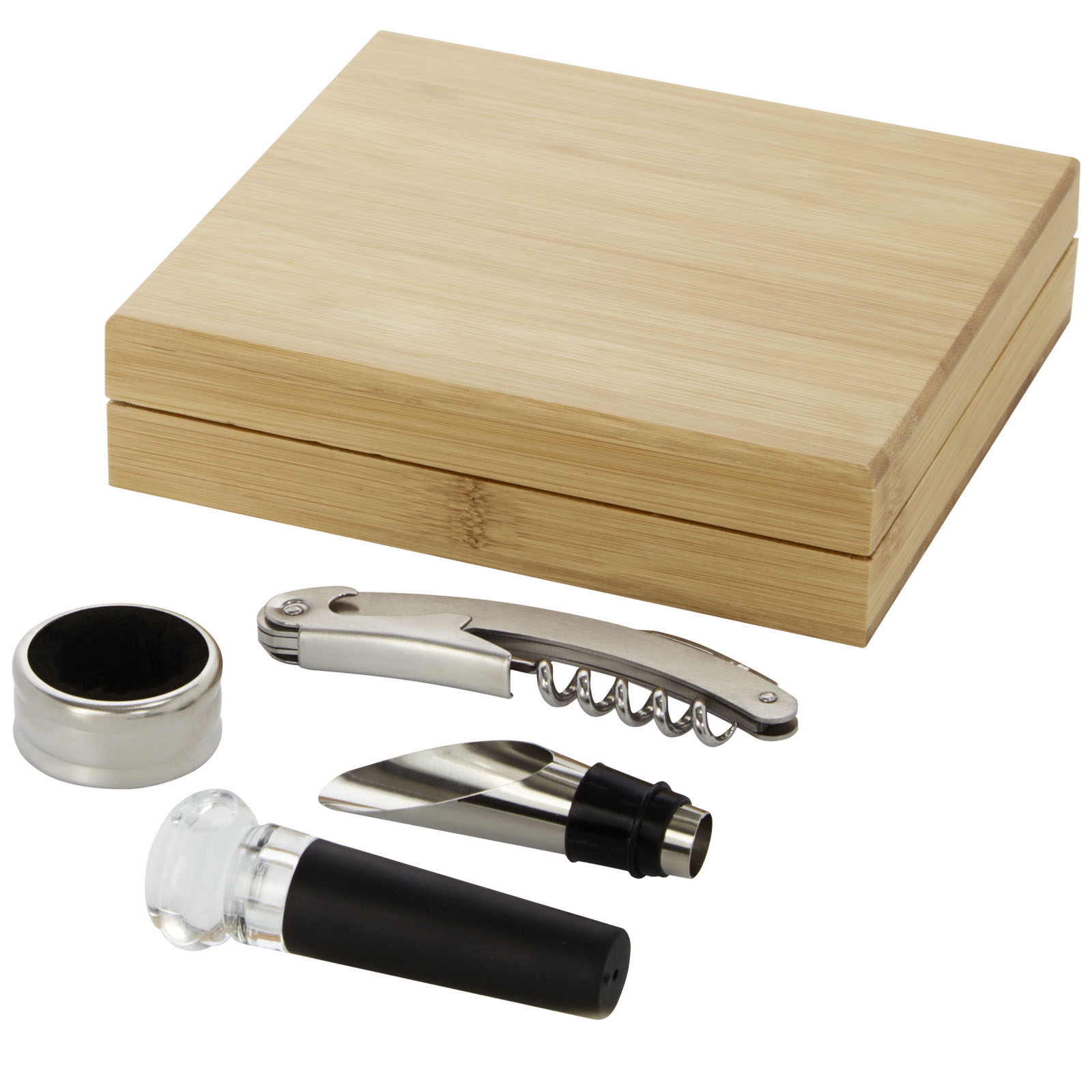 Wine accessory set DESIREE in bamboo case, 4 pcs - natural / silver