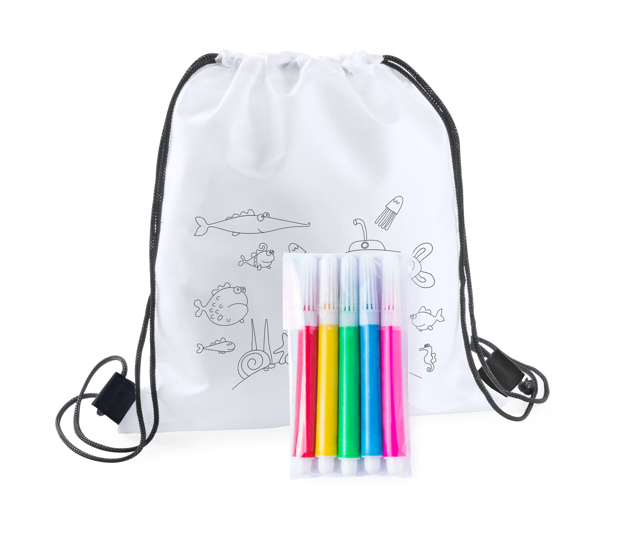 Drawstring backpack BACKYS with motive and markers for colouring - white