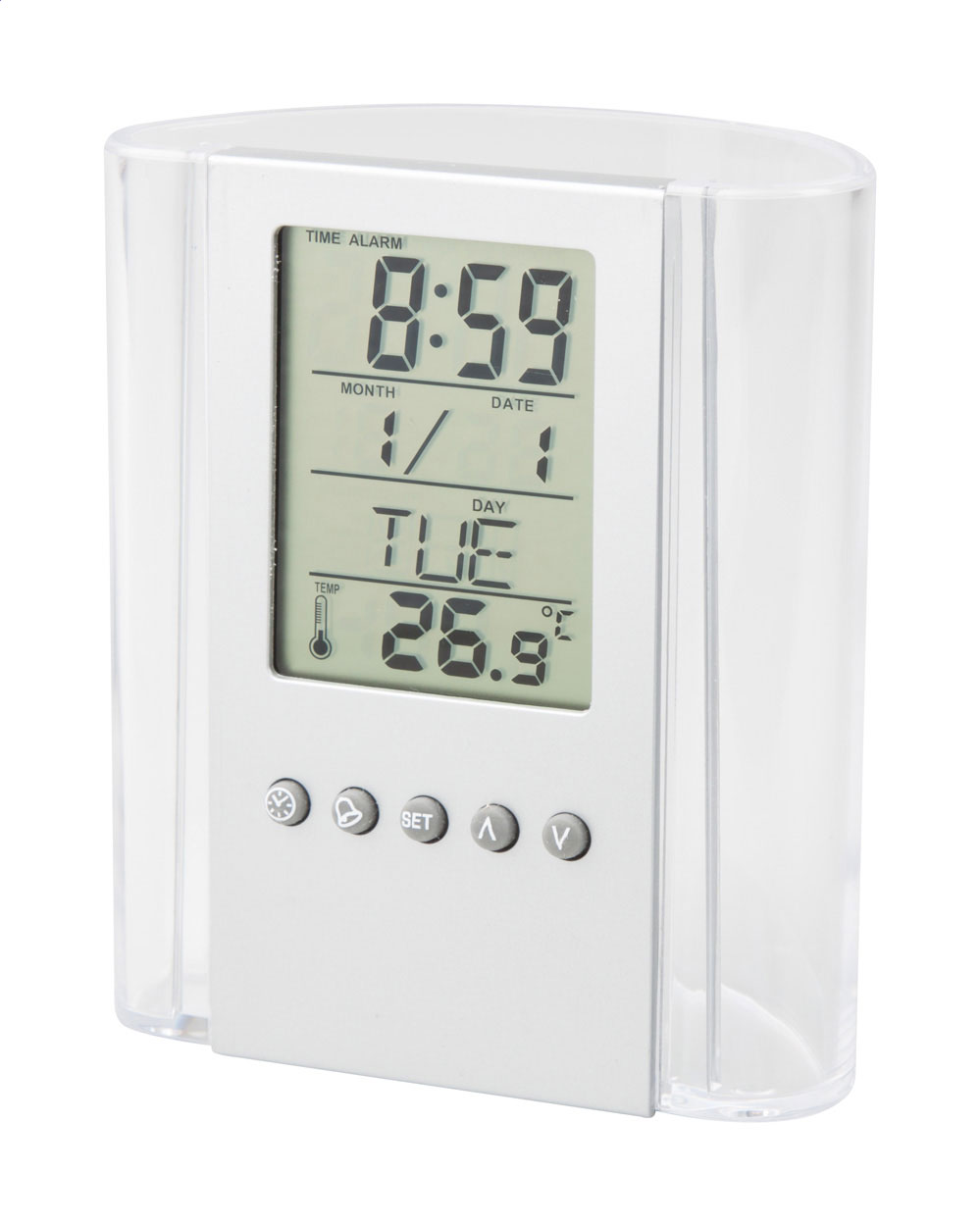 Plastový stojánek na psací potřeby CRYSTALLINE s digitálním displejem - transparentní