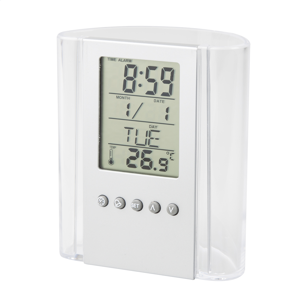 Plastový stojánek na psací potřeby CRYSTALLINE s digitálním displejem - transparentní