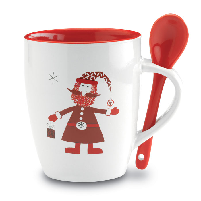 Ceramic mug ADINA with spoon - multicoloured