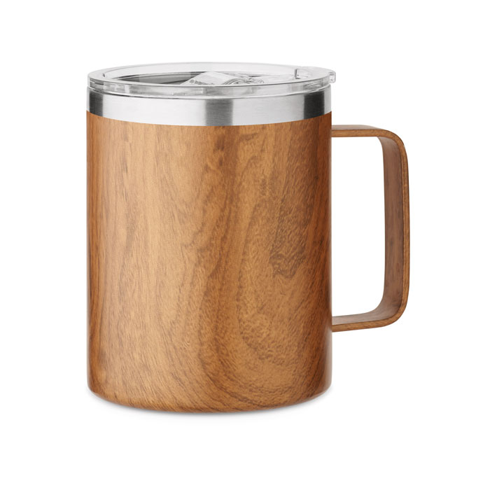 Metal double wall mug MOLUCCA with wooden design, 300 ml - brown
