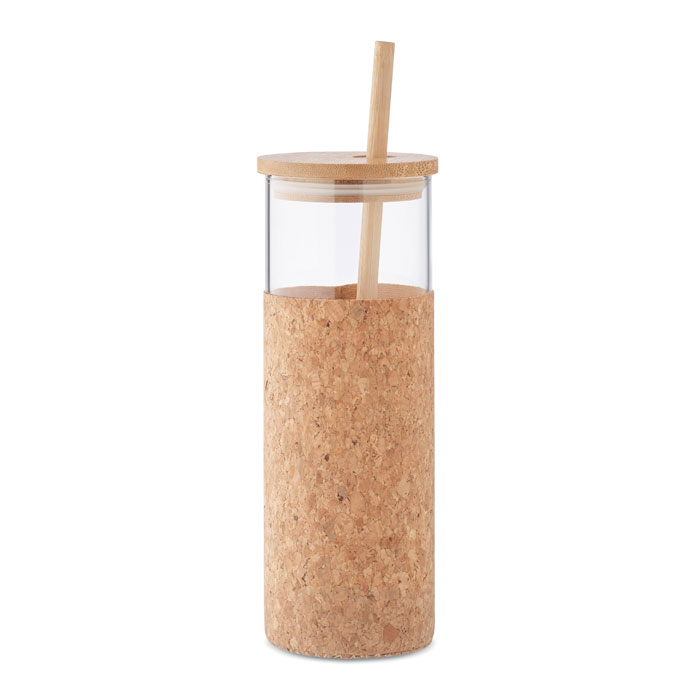 Glass in cork packaging GIGUE with straw, 450 ml - beige