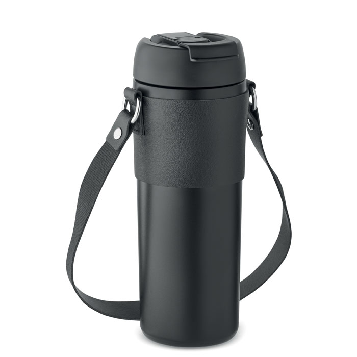 Metal thermo mug MOCHY with strap, 700 ml - black