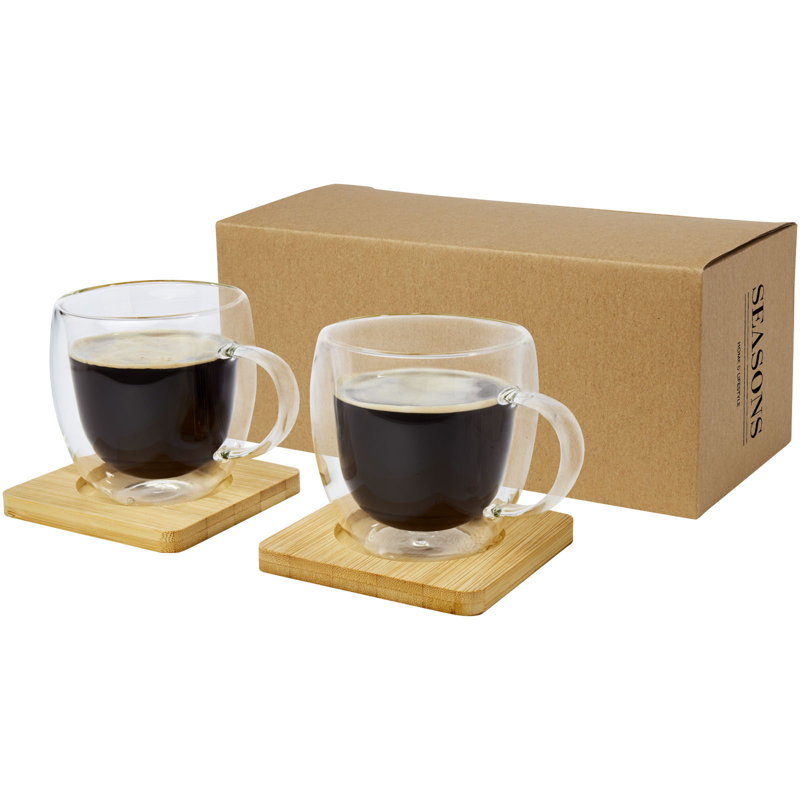 Set of 2 glass cups with double wall and bamboo saucer MANTI, 250 ml - transparent / natural