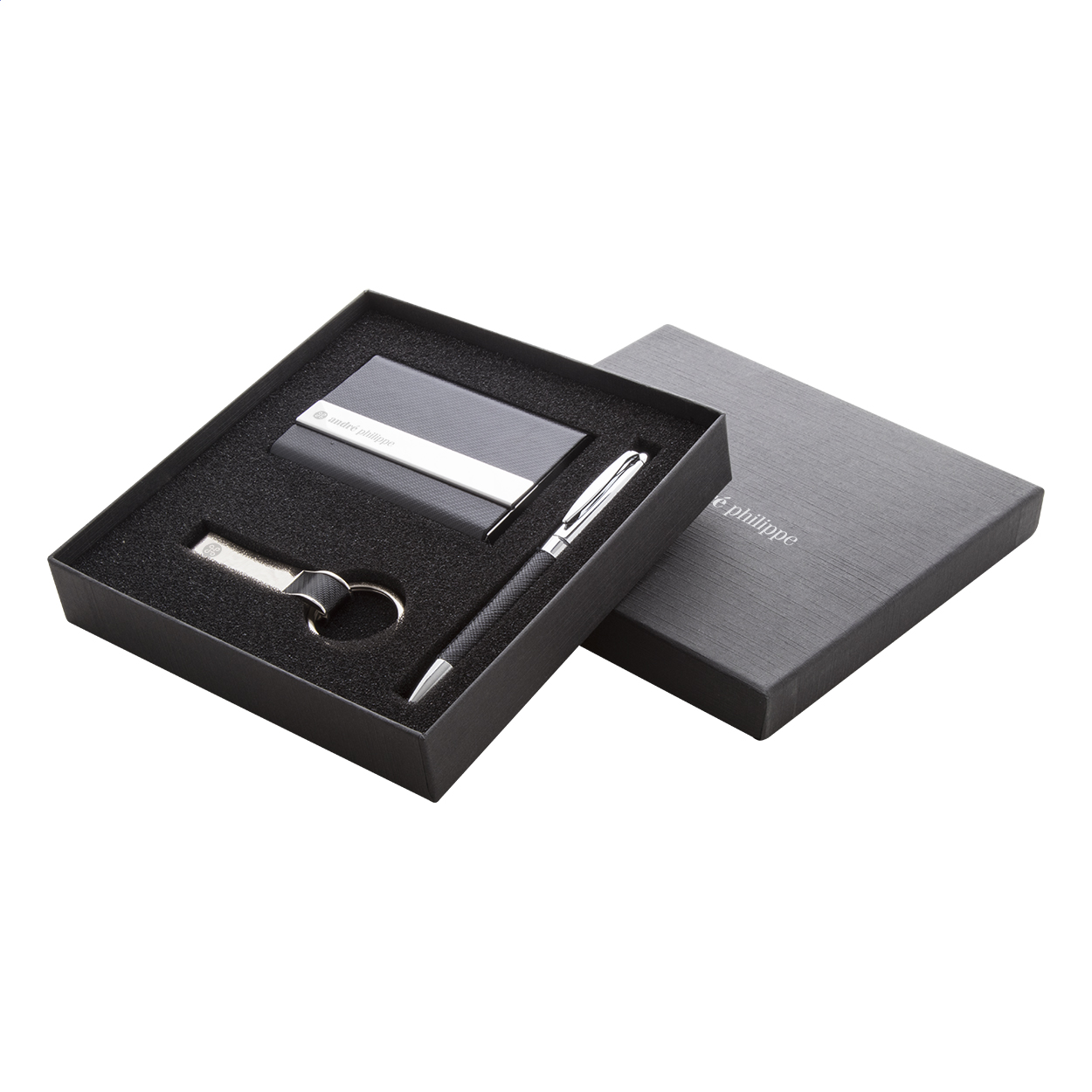 Značková sada kuličkového pera, vizitkáře a klíčenky NOUART - černá