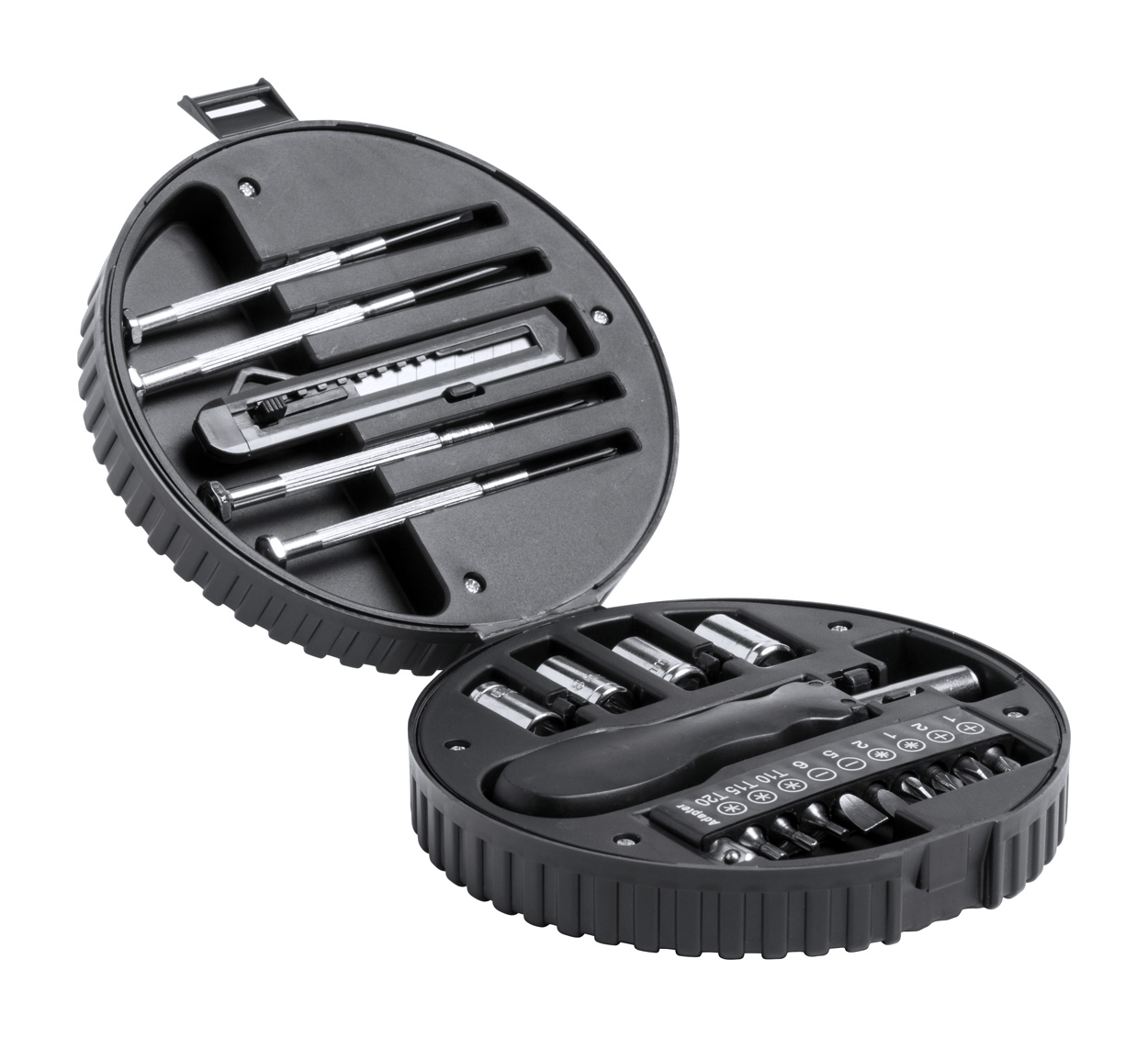 Tool set WHEELS in tire-shaped plastic case - black