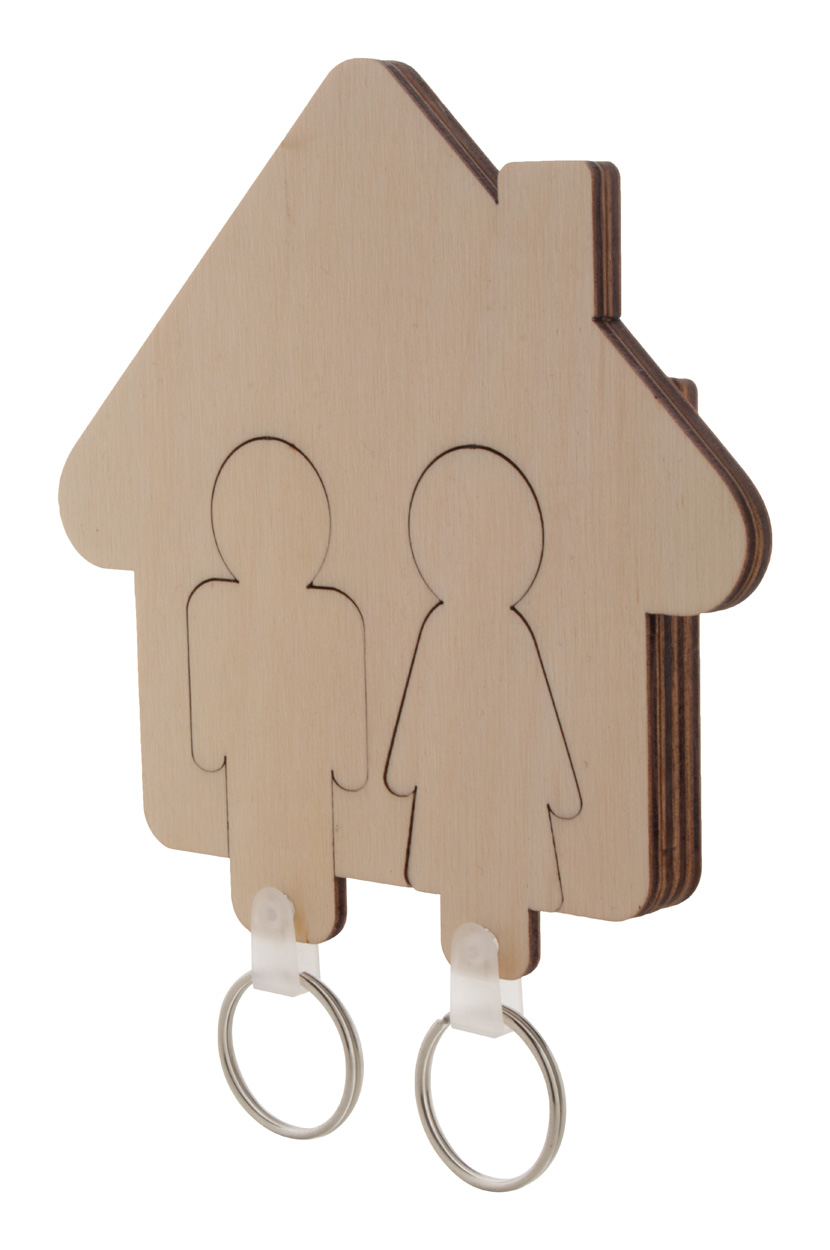 Dřevěný věšák na klíče HOMEY ve tvaru postaviček v domečku - přírodní