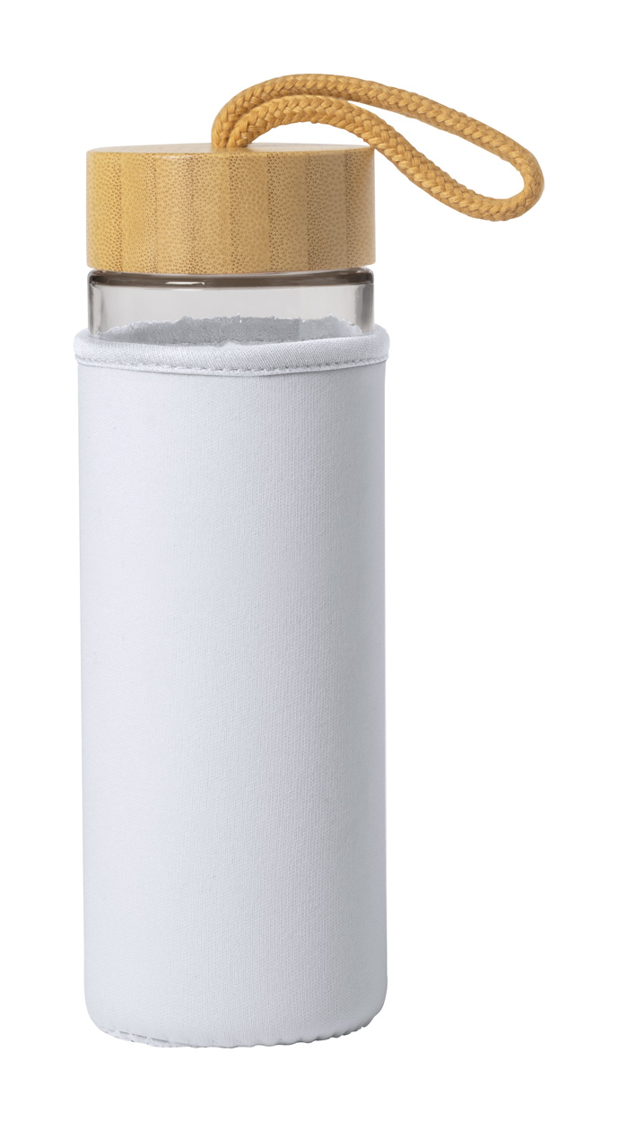 Skleněná sportovní lahev LUROK s bambusovým víčkem, 530 ml - bílá